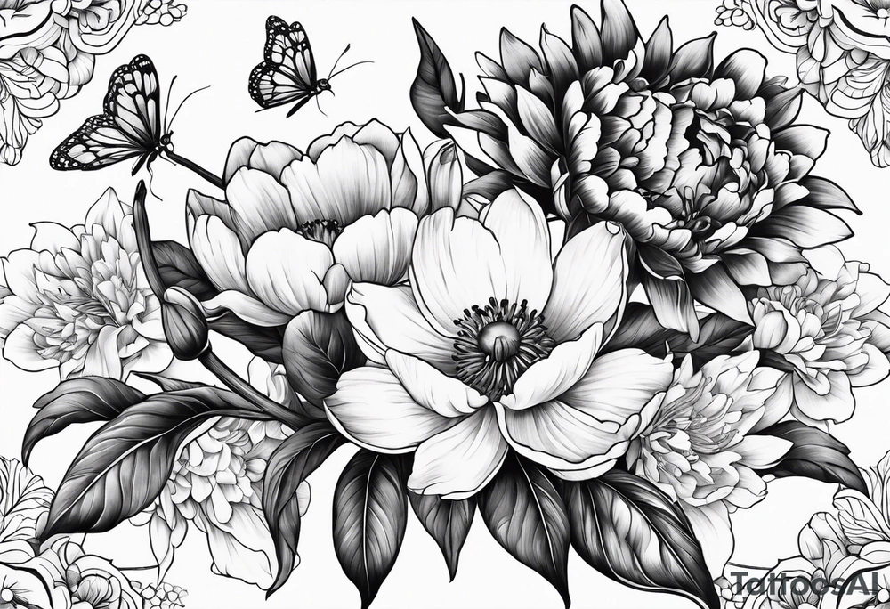 Floral design cherry blossom, peony, sunflower, tulip, lily tattoo idea