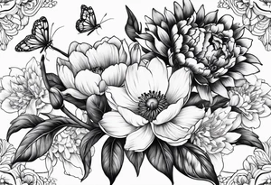 Floral design cherry blossom, peony, sunflower, tulip, lily tattoo idea