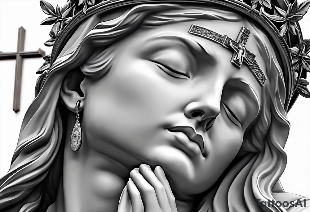 Pieta statue with crucifix and rosary. tattoo idea