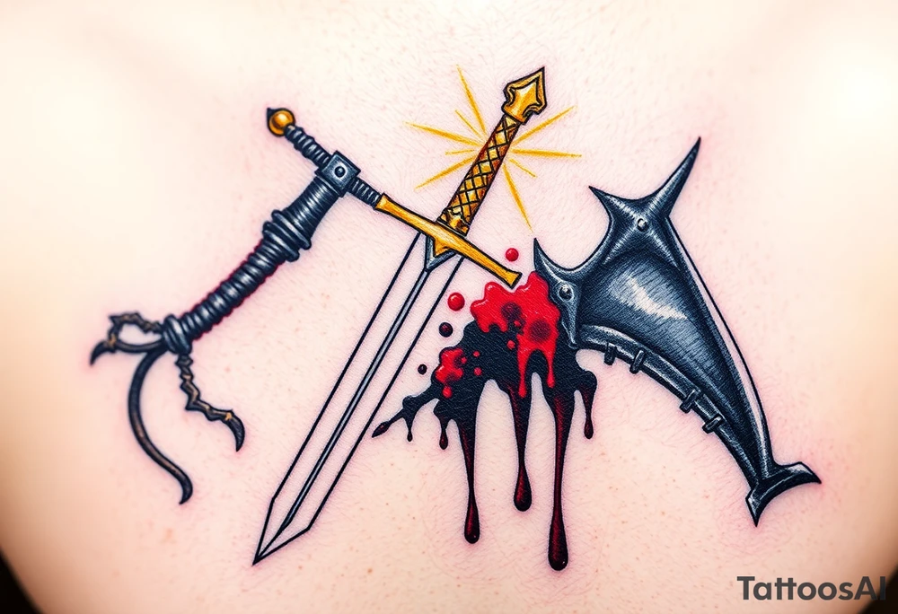 A brilliant sword with a golden hilt, sparkling with rays of light, clashing against a dark, menacing scythe, dripping with black mist and dark crimson blood, creating a dynamic contrast between hope and despair tattoo idea