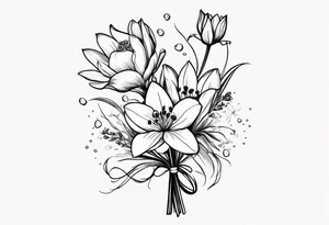 A minimalist line work bouquet of flowers with a water lily, gladiolus, poppy, lily of the valley, daffodil, and a honey suckle. With long stems and tied with a bow tattoo idea