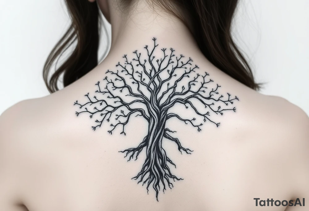 mystical tree of life with cosmic roots and celestial branches tattoo idea