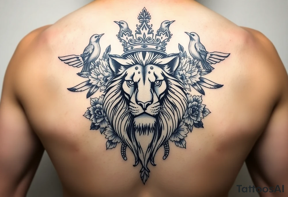 powerful majestic lion with a crown, surrounded by floral ornaments and birds tattoo idea