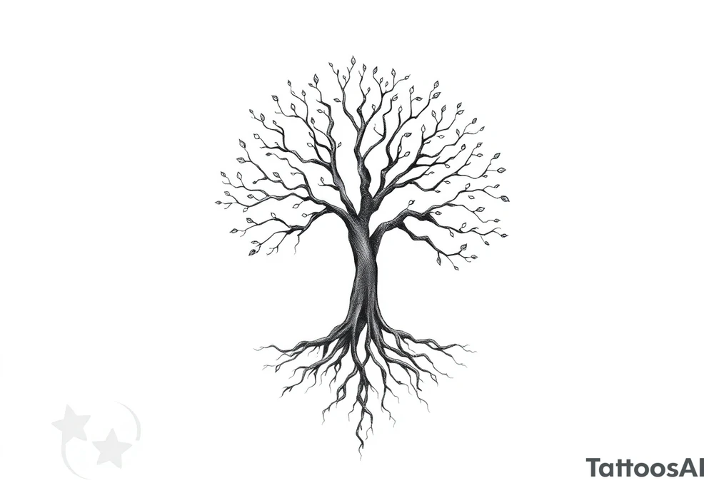 mystical tree of life with cosmic roots and celestial branches tattoo idea