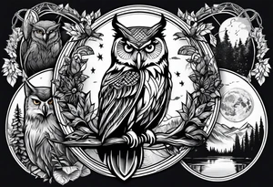 owl, wolf, beaver, and dream catcher tattoo idea
