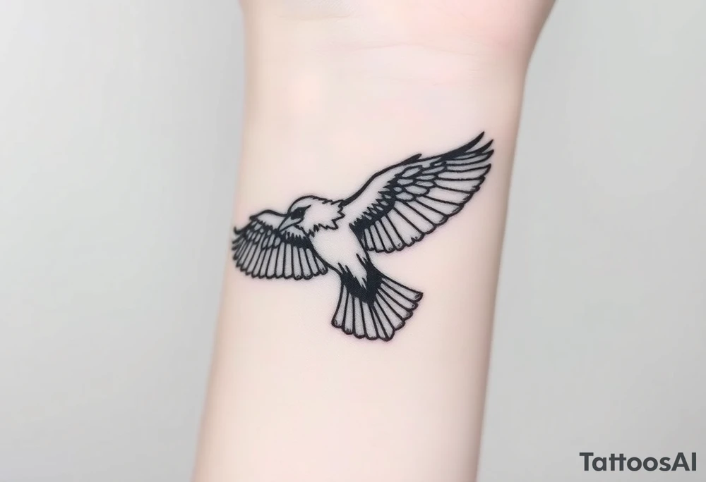 A detailed raven in mid-flight, wings spread wide with intricate feather patterns, symbolizing Tris’s journey tattoo idea