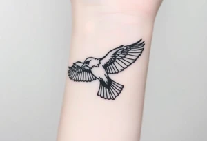 A detailed raven in mid-flight, wings spread wide with intricate feather patterns, symbolizing Tris’s journey tattoo idea