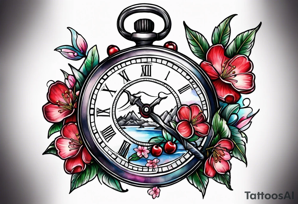 Stopwatch, sword and cherry bloom tattoo idea