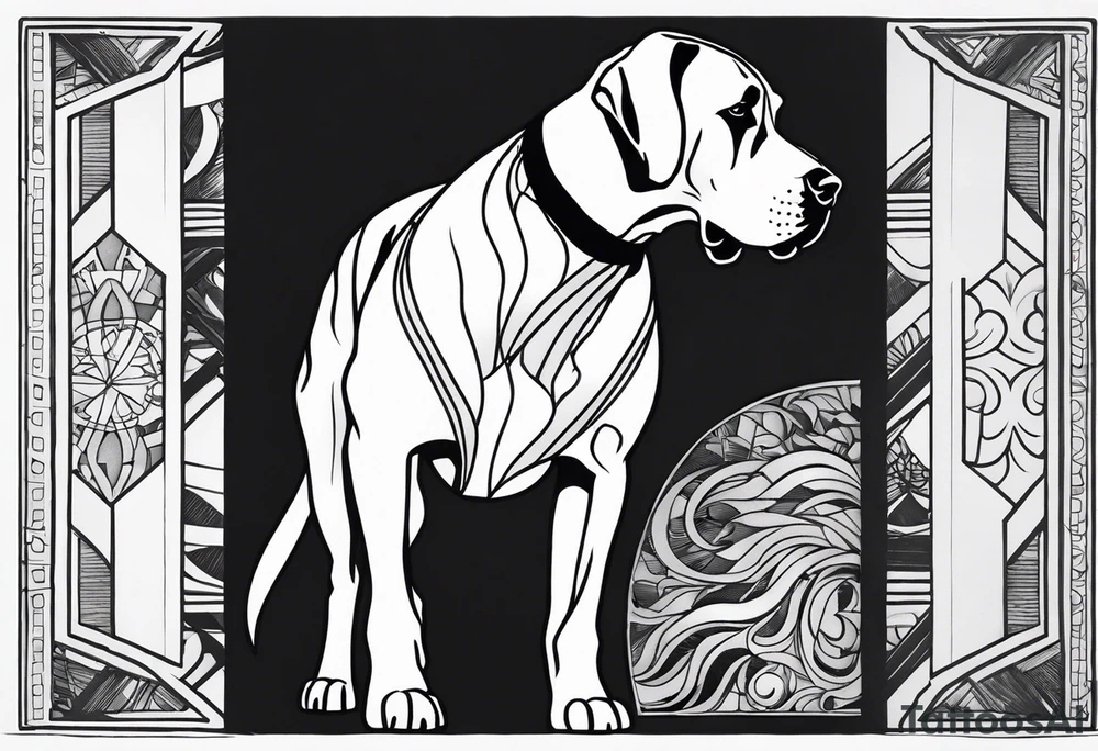 Arm sleeve for man- with floppy ear Great Dane standing fiercely chest up with outdoors fill work around it tattoo idea