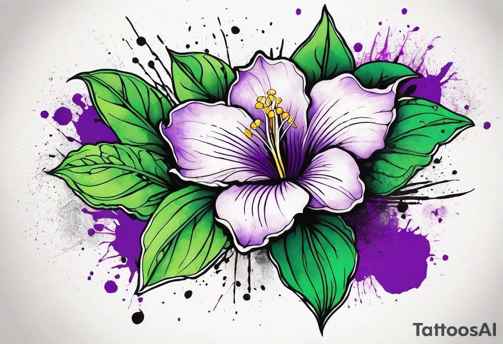 An outline of a rio dipladenia flower with a green and purple watercolor blotch splatter in the background tattoo idea