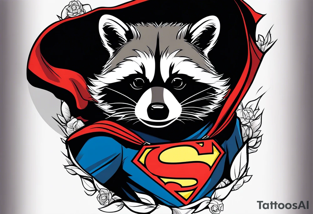 Raccoon wearing a white Superman logo on a black hoodie tattoo idea