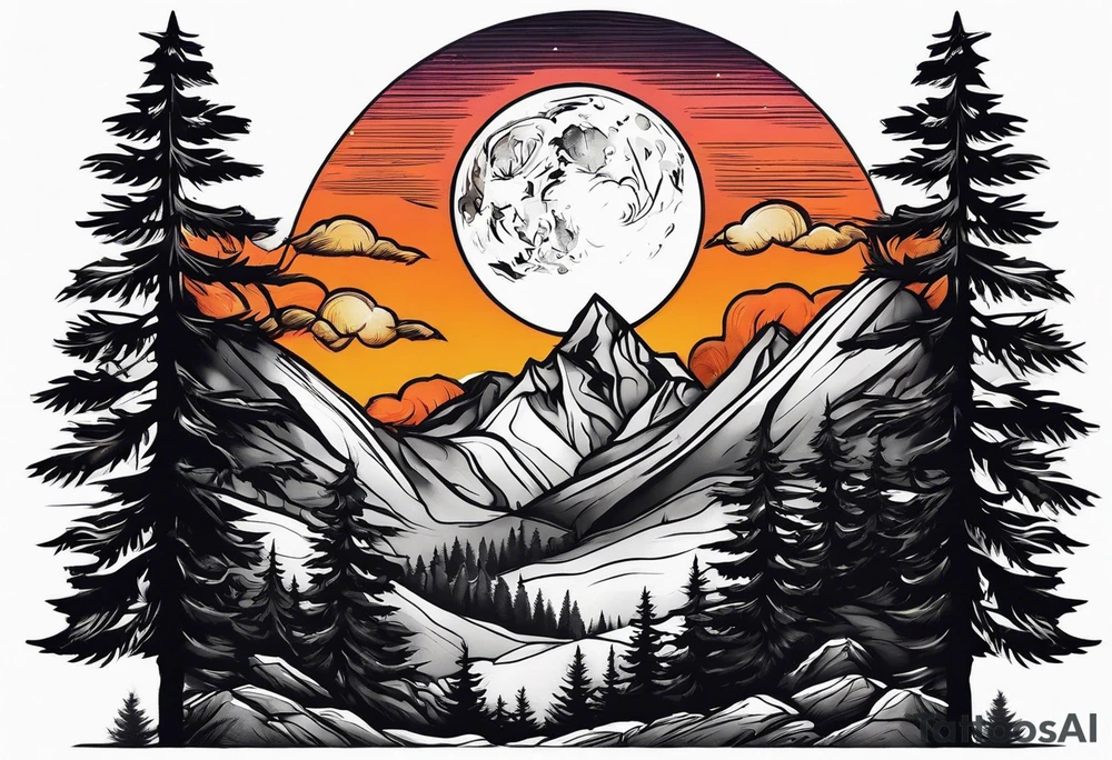 Mountains
Wolf
Forest
Sunset
Moon
Badass tattoo idea