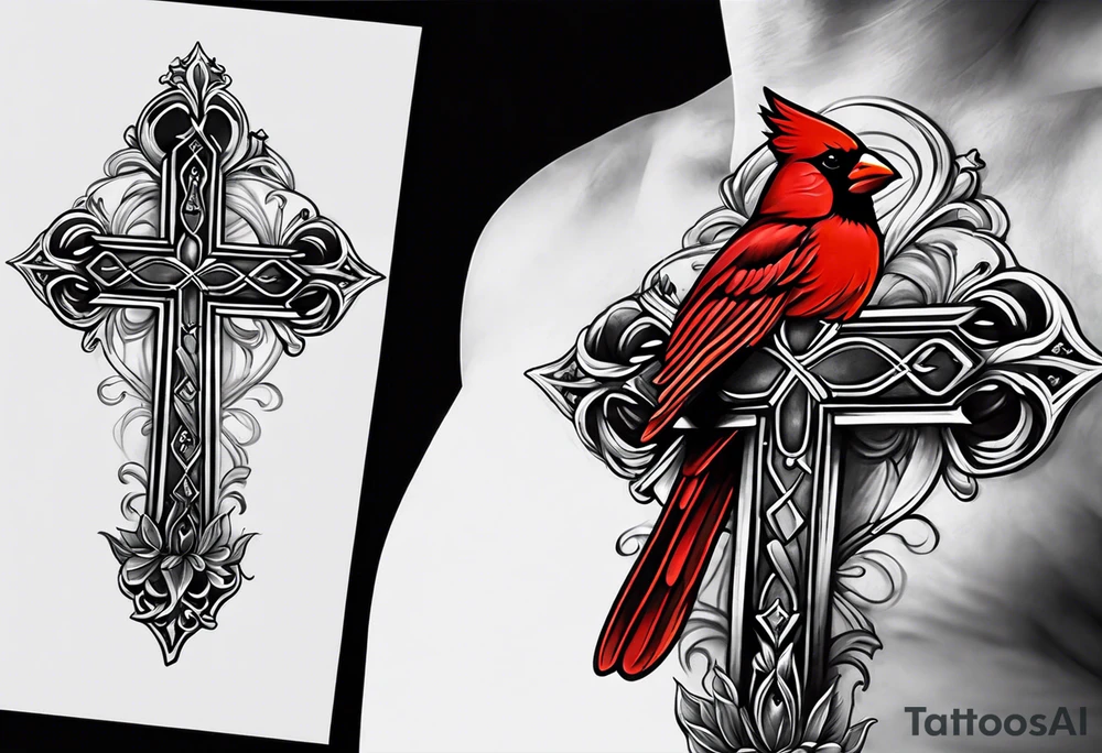 Cross with cardinal sitting on it tattoo idea