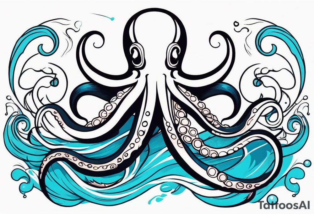 Tribal half sleeve. octopus surrounded by ribbons of water waves filled with fish. the octopus has no eyes. Use thick lines only with less detail. tattoo idea