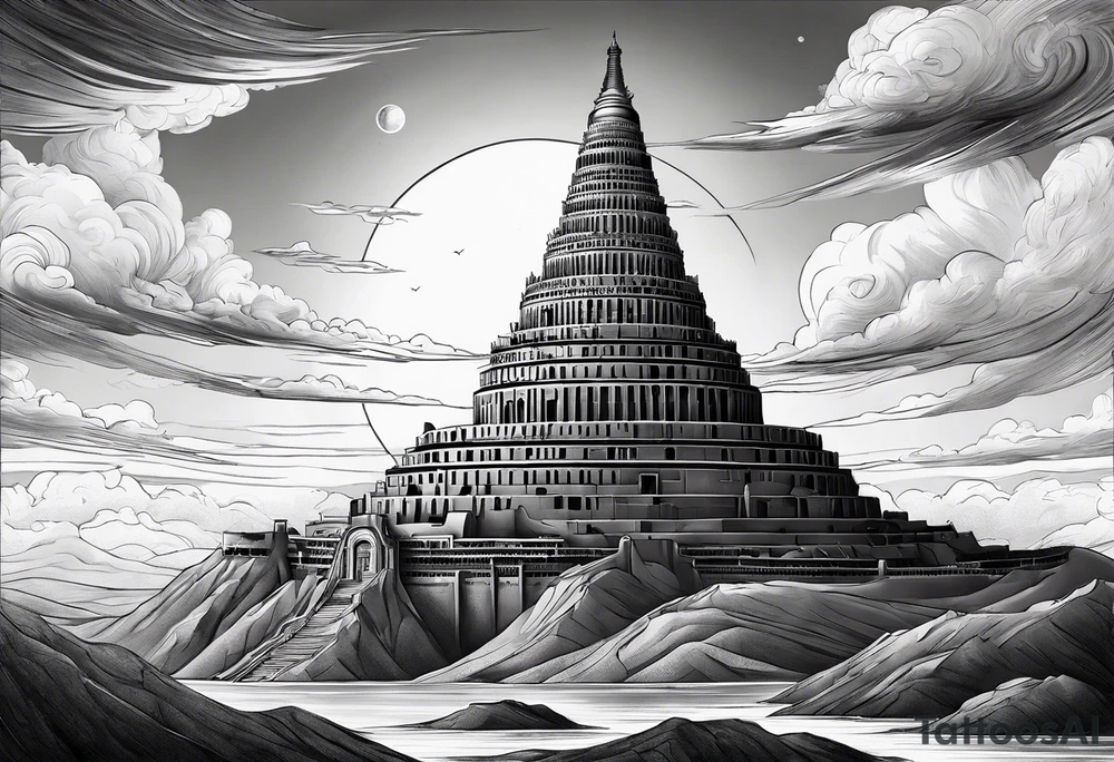 Babel tower with a saturn sunset tattoo idea