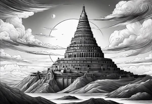 Babel tower with a saturn sunset tattoo idea