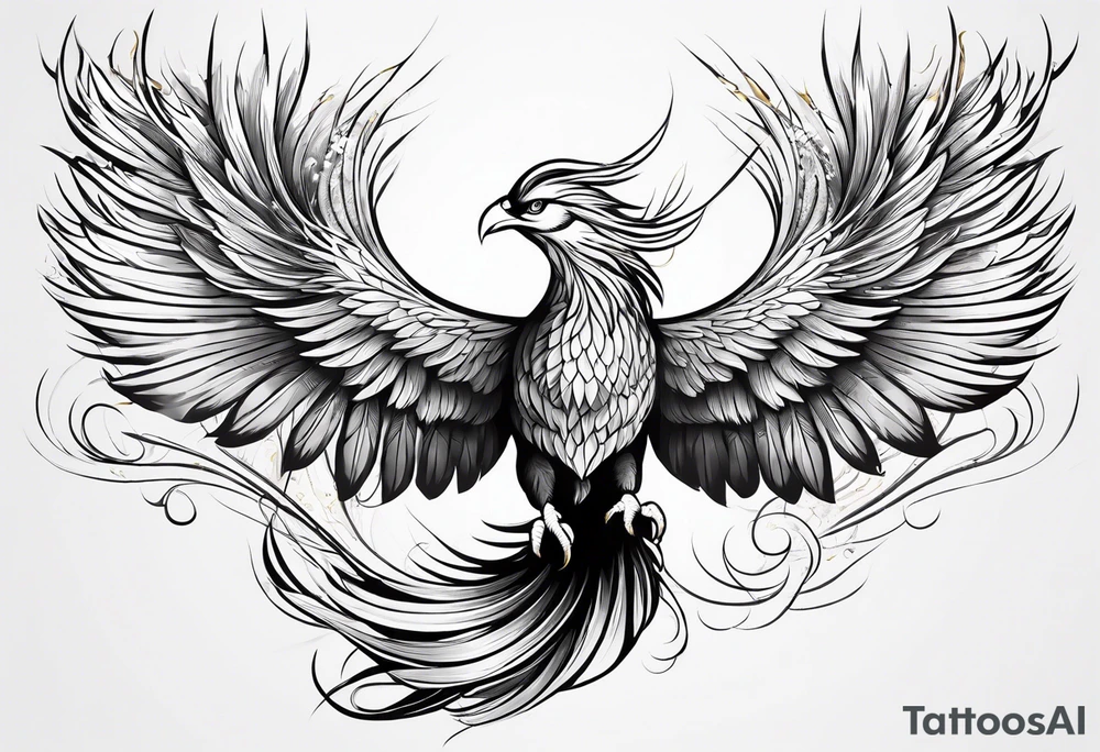 lite flowing phoenix with gold and white on tail for male tattoo idea