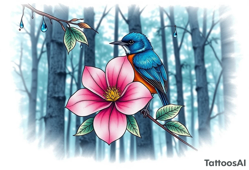 forest trees background
blue rain drops
pink camelia flower
blue and brown wren bird tattoo idea