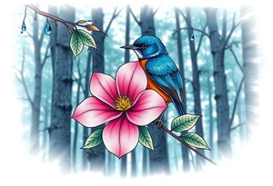 forest trees background
blue rain drops
pink camelia flower
blue and brown wren bird tattoo idea