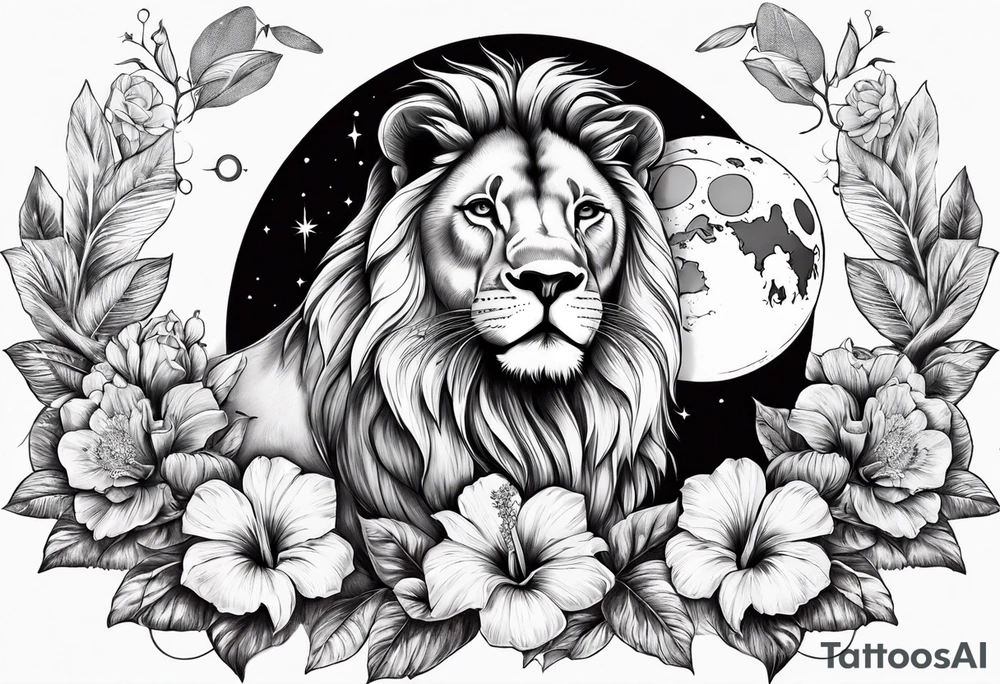 Women lion with hibiscus flowers with moon and sun something inspirational and meaning for the forearm tattoo idea