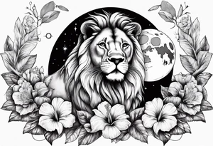 Women lion with hibiscus flowers with moon and sun something inspirational and meaning for the forearm tattoo idea