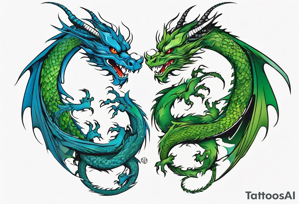 ying yang dragon half blue half green tattoo idea