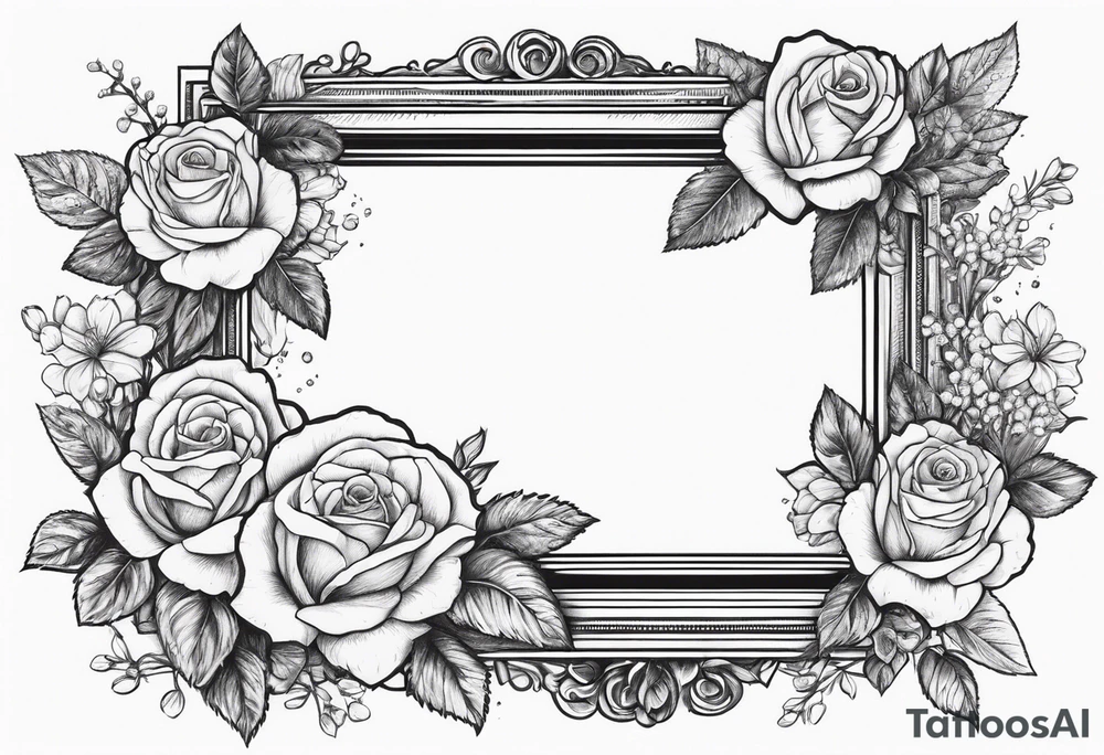 Vintage frame in frame there are roses and baby’s breath flowers tattoo idea