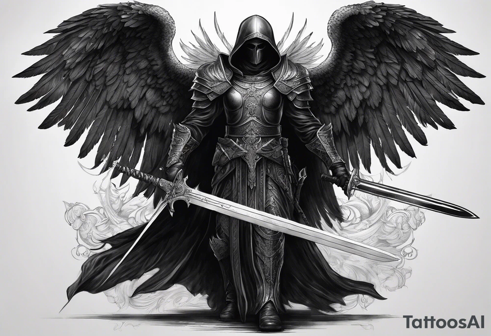 realistic full body of black angel of death, no face, face is not visible, with wings holding one sword in both hands, the sword is held edge toward the ground tattoo idea