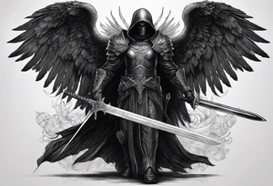 realistic full body of black angel of death, no face, face is not visible, with wings holding one sword in both hands, the sword is held edge toward the ground tattoo idea