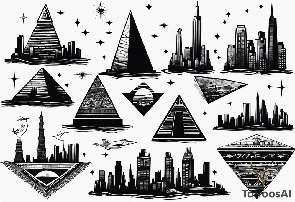 Manhattan skyline with egyptian pyramids tattoo idea