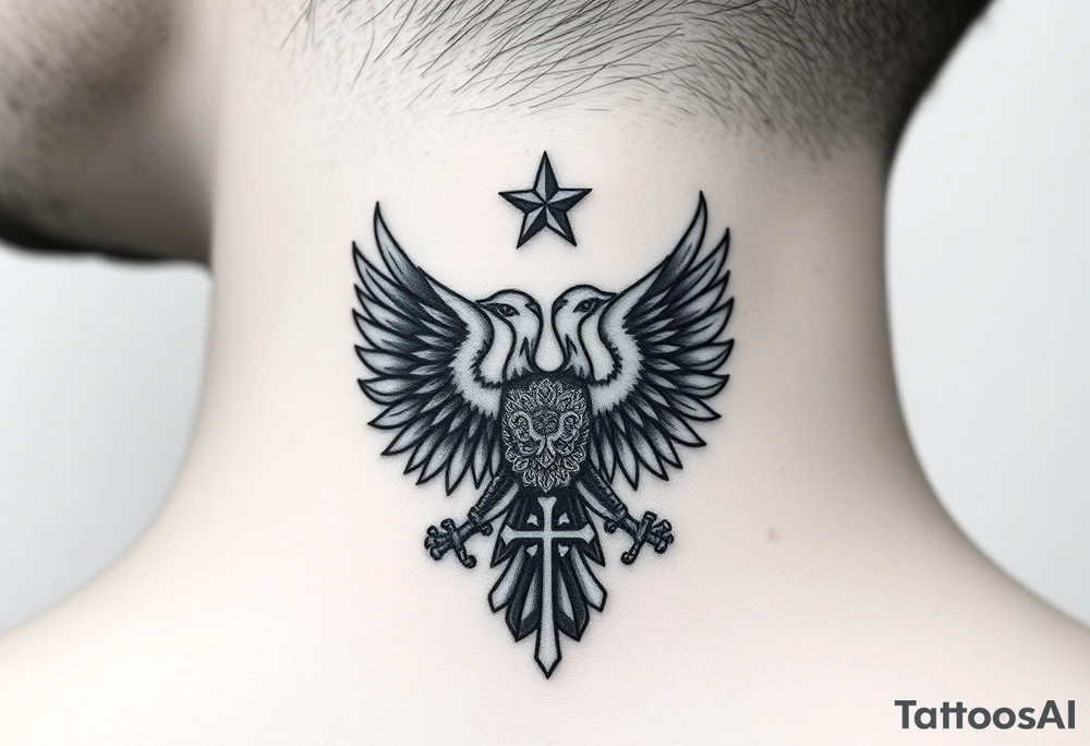 Double-headed eagle outline only (no shading) — suits neck skin which ages differently
Star above, small orthodox cross below tattoo idea