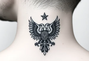 Double-headed eagle outline only (no shading) — suits neck skin which ages differently
Star above, small orthodox cross below tattoo idea