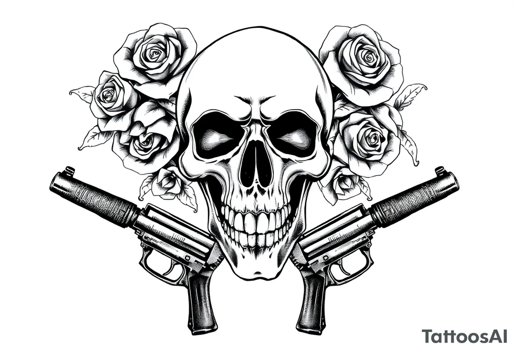 realistic skull,roses,cigar,crossed guns, tattoo idea