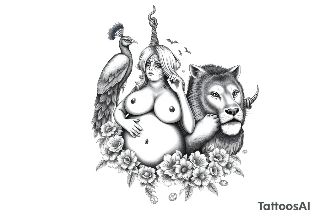Storm clouds, pig, peacock , fat sexy naked fat woman, cupcakes, noose , money, goat, lion, man and girl having sex, cigerette, drugs, coins, storm lightening, killing, darkness, mirror tattoo idea