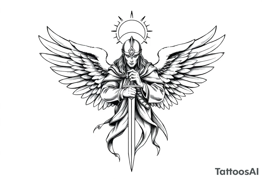 Holy Archangel, Biblical, Christianity, Hebrew, Guards of Christianity, Holding a sword, has six wings, wearing helmet, halo, seraphim, seek justice tattoo idea