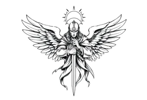 Holy Archangel, Biblical, Christianity, Hebrew, Guards of Christianity, Holding a sword, has six wings, wearing helmet, halo, seraphim, seek justice tattoo idea