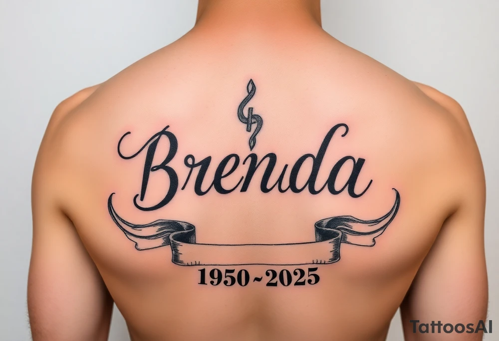 "BRENDA" VIERTICALLY WITH RIBBONS UNDERNEATH SHOWING 1950-2025 tattoo idea