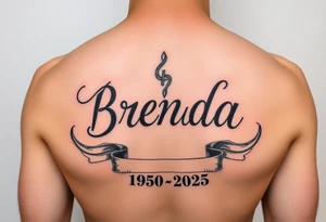 "BRENDA" VIERTICALLY WITH RIBBONS UNDERNEATH SHOWING 1950-2025 tattoo idea