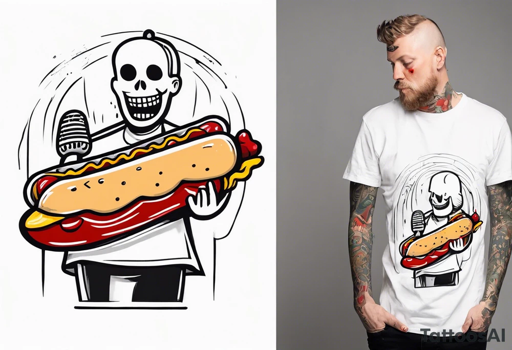 anamorphic hotdog man that is holding a decapitated human head(white guy) in one hand. And in the other hand a microphone that on the bottom end is a crooked dagger dripping blood. tattoo idea