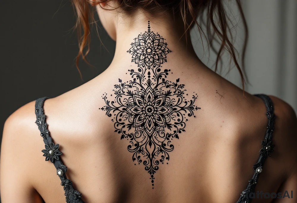 spine tattoo design with symmetrical ornamental patterns, combining dotwork, mandala elements, and flowing lines that follow the natural curves of the body. The design is intricate and balanced.” tattoo idea