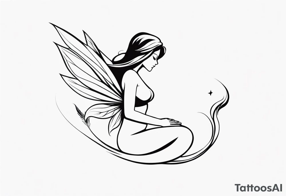Minimalistic, monochromatic fairy with a tail flying to the left in a fetal position, leaning and looking in the same direction, with visible hands, embodying the 'Fairy Tail' logo aesthetic. tattoo idea