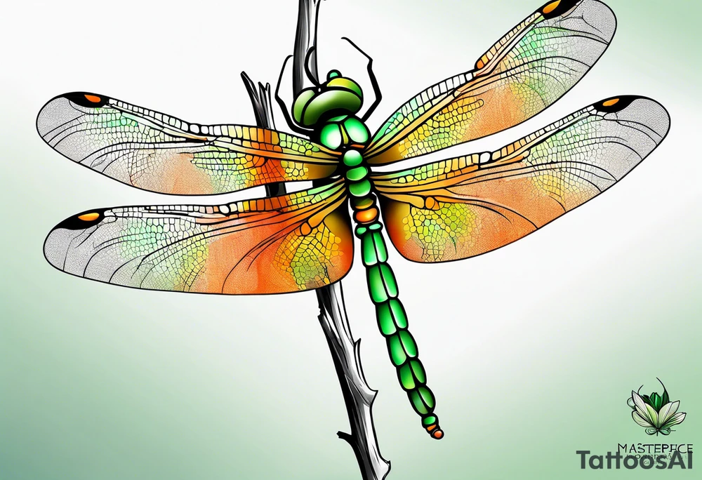 green and orange dragonfly on a twig tattoo idea