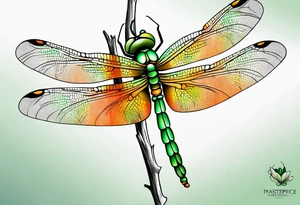 green and orange dragonfly on a twig tattoo idea