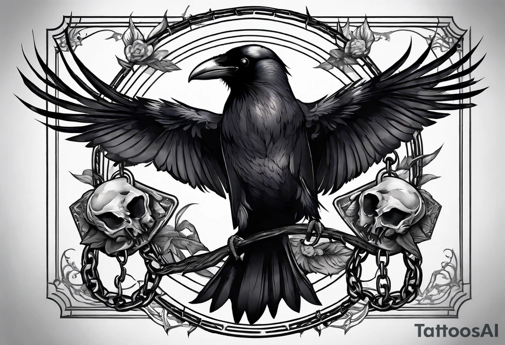 A raven with two skulls hanging from its talons by an old chain tattoo idea