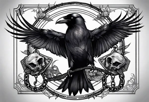 A raven with two skulls hanging from its talons by an old chain tattoo idea