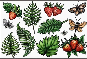 forest floor inspired realistic tattoo, which includes grass, curly ferns and dead leaves as the bulk of the tattoo. details to include: three very tiny strawberries, a tiny bumblebee flying nearby tattoo idea