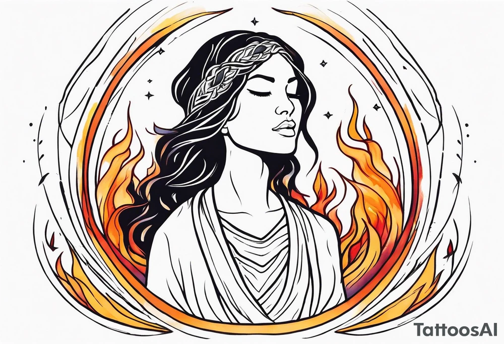 Resurrection strength and courage overcoming trauma Beautiful Woman leaving a world of fire, chaos and fear  to inner peace and self-love  ethereal tattoo idea