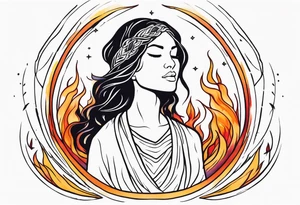 Resurrection strength and courage overcoming trauma Beautiful Woman leaving a world of fire, chaos and fear  to inner peace and self-love  ethereal tattoo idea