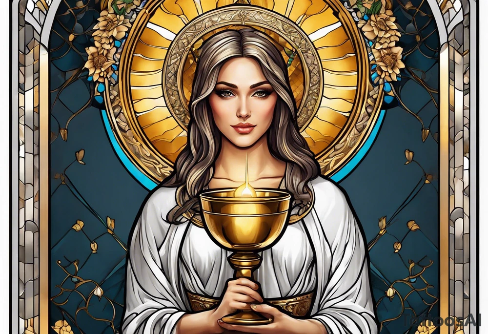woman saint holding chalice surrounded by golden halo tattoo idea
