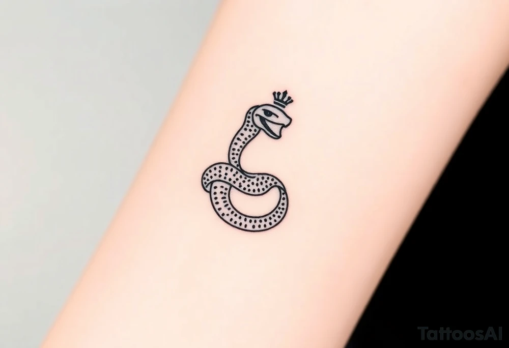 I want a small simple silhouette lines black and white wrist princess like girl snake tattoo that has number 12821 on its body along and also I want it to represent feminine energy crown queen Cycle tattoo idea
